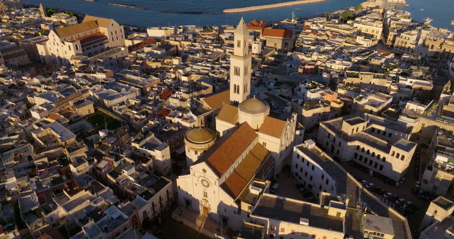Aerial View Of Cathedral of Saint Sabinus At Sunset In Bari, Apulia, Southern Italy.