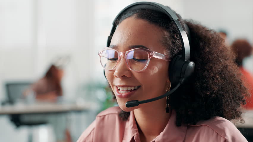 Call center, woman and talking on microphone with customer service, financial inquiry and banking limit increase. Inbound consultant, headset and friendly assistance for client account update and FAQ - Powered by Shutterstock - Get 15% off with code: PIKWIZARD15