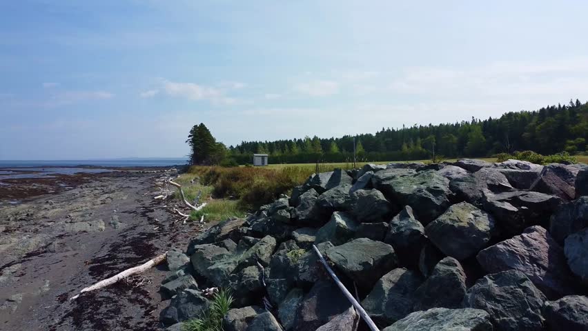A peaceful coastal scene with rocks, driftwood, a beach and a small cabin in a field under clear blue sky.