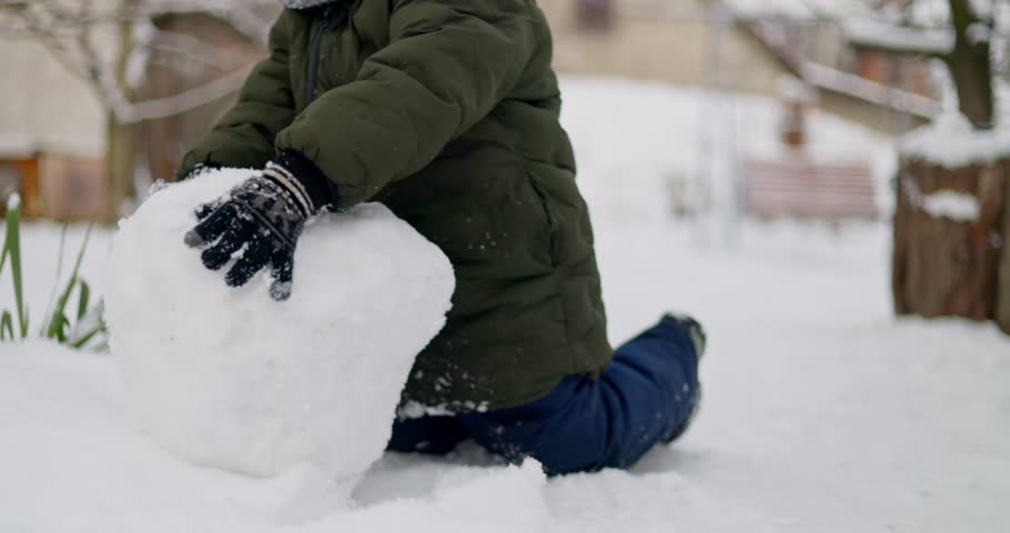 Child building snowman in winter outdoors