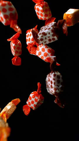 Candies wrapped in polka dot wrappers float through the air, their bright colors standing out against the dark background