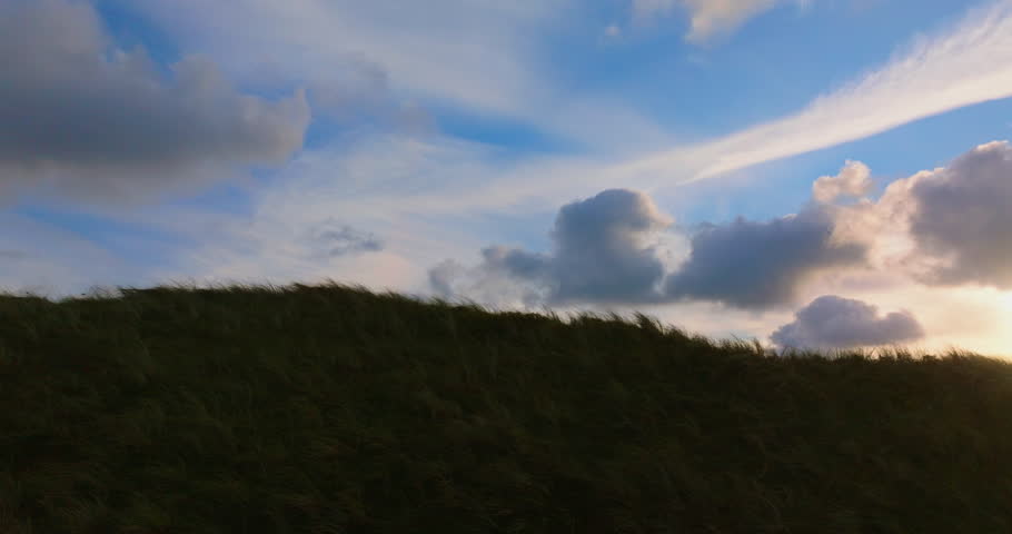 A tranquil sunset sky with warm hues and soft clouds, as tall grass gently sways in the breeze, creating a serene and peaceful atmosphere