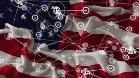 Network of connections and data processing animation over American flag background. Technology, connectivity, USA, digital, cybersecurity, communication - Powered by Shutterstock - Get 15% off with code: PIKWIZARD15