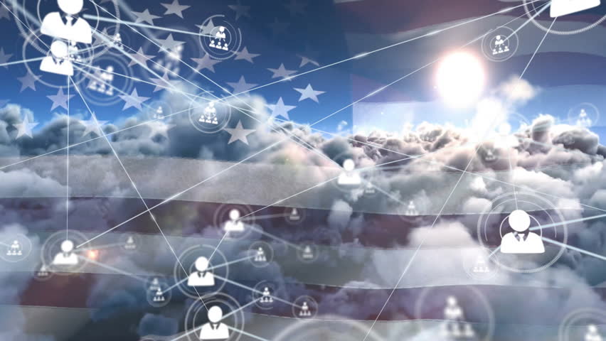 American flag with network of connections animation over clouds in background. Patriotism, technology, digital, cloud computing, connectivity, innovation