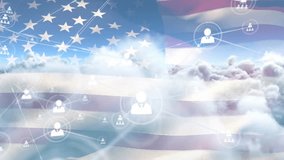 American flag and cloud computing animation over network of connected user icons. Technology, internet, connectivity, data, digital, users - Powered by Shutterstock - Get 15% off with code: PIKWIZARD15