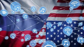 Music and wireless connectivity icons animation over Russian and American flags. communication, technology, international relations - Powered by Shutterstock - Get 15% off with code: PIKWIZARD15