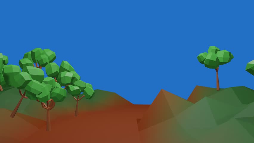 Low poly 3D trees moving slowly forward. Nature intro animation with a blue background