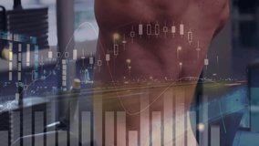 Financial data charts and graphs animation over person exercising in gym. Finance, analytics, fitness, exercise, statistics, workout - Powered by Shutterstock - Get 15% off with code: PIKWIZARD15