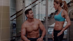 Financial data charts animation over fit people exercising in gym. Fitness, exercise, finance, technology, health, analytics - Powered by Shutterstock - Get 15% off with code: PIKWIZARD15