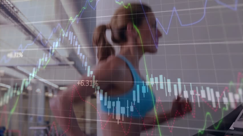 Financial graph animation over woman running on treadmill in gym. Fitness, technology, finance, exercise, data, health - Powered by Shutterstock - Get 15% off with code: PIKWIZARD15