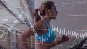 Financial graph animation over woman running on treadmill in gym. Fitness, technology, finance, exercise, data, health - Powered by Shutterstock - Get 15% off with code: PIKWIZARD15