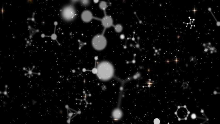 Molecular structures and particles animation over starry night sky background. Science, technology, cosmic, space, futuristic