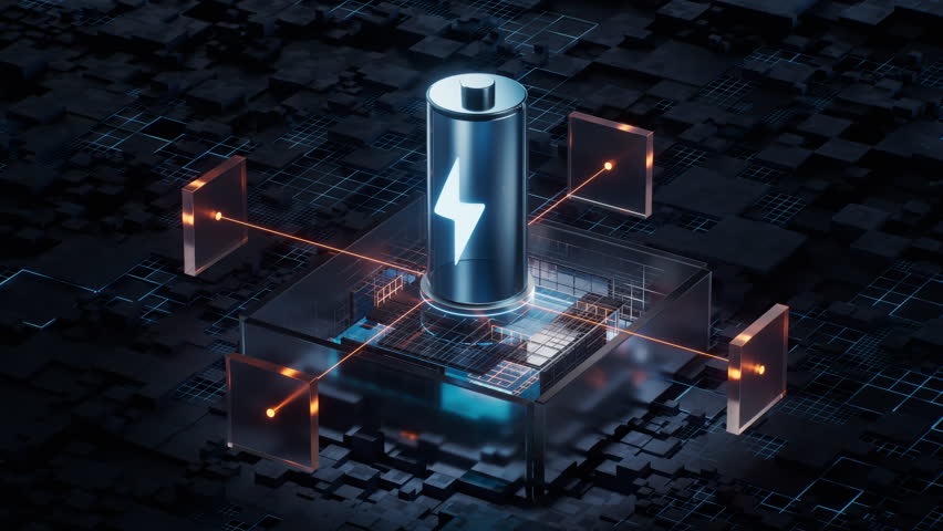 Battery with technological circuit background, 3d rendering. Motion graphic.