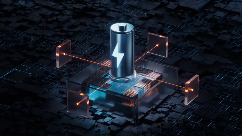 Battery with technological circuit background, 3d rendering. Motion graphic.