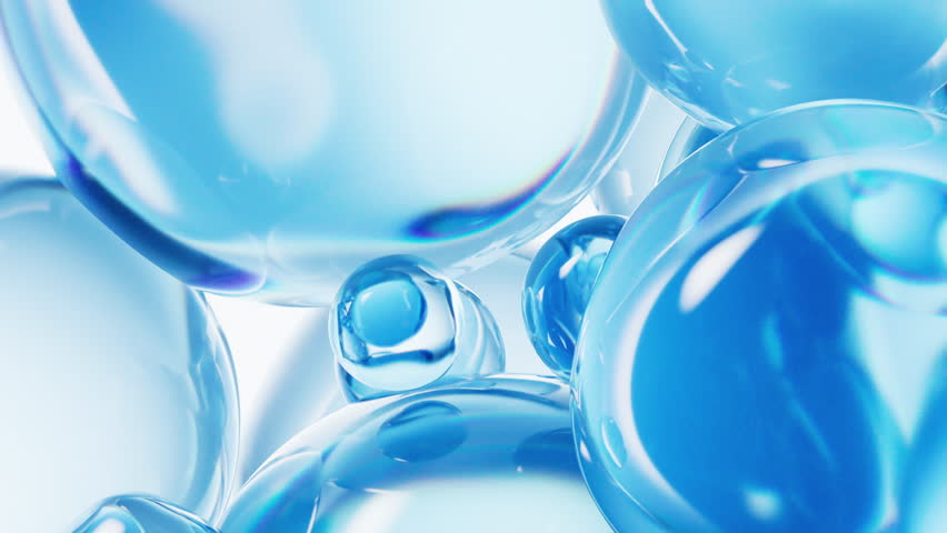 Transparent blue liquid bubbles background, 3d rendering. Motion graphic.