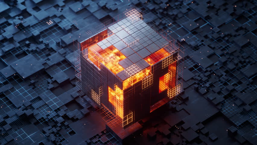 Technology circuit board and core, 3d rendering. Motion graphic.