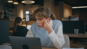 Serious manager talking computer camera having virtual conference sitting office closeup. Confident business woman video calling discussing work results. Girl employee sharing news at online meeting  - Powered by Shutterstock - Get 15% off with code: PIKWIZARD15