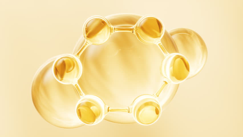 Golden molecule and liquid bubble, 3d rendering. Motion graphic.