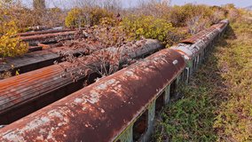 Rusting train cars sit among wild vegetation in Greece, showcasing nature reclaiming man-made structures. The serene landscape highlights the passage of time and neglect. - Powered by Shutterstock - Get 15% off with code: PIKWIZARD15
