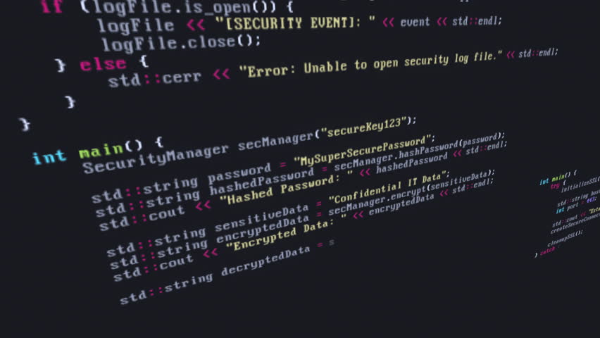 C++ source code animation scene opener or background with data security, protection, encrpytion and analyzing code snippets with glitch and distortion effects, concepts, ideas, 4k 