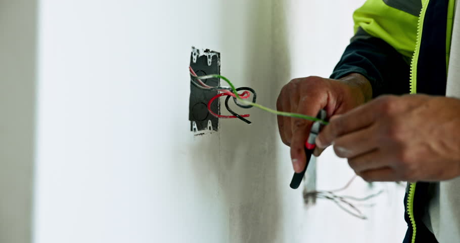 Hands, electrician and handyman with tool, cutting and construction with cable maintenance. Closeup, person and specialist with skills, wiring and engineering with contractor, circuit and expert