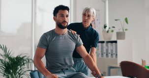 Man, stretching and therapist for physiotherapy in clinic of shoulder pain, muscle training and rehabilitation. Patient, woman and warm up for anatomy fitness, check injury and assessment of recovery - Powered by Shutterstock - Get 15% off with code: PIKWIZARD15