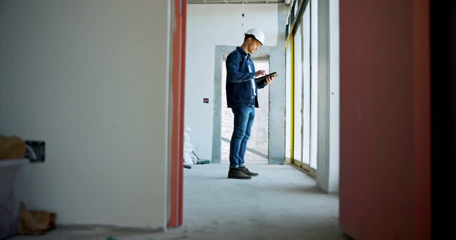 Man, architect or checking with tablet for construction, inspection or safety measures at building site. Male person, civil engineer or contracting inspector with technology for structure regulations