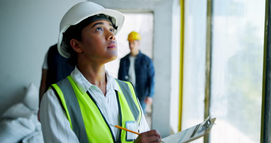 Woman, civil engineer and writing with checklist for construction, inspection or safety measures at building site. Female person, architect or contracting inspector checking for industrial structure