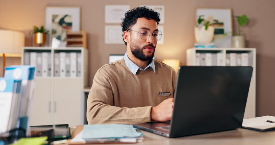 Man, doctor and laptop with video call for telehealth, online consultation or virtual meeting at hospital. Male person, medical consultant and talking with computer for health advice or assistance
