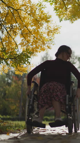 Aunt and niece spend time together. Young woman in wheelchair and preschooler girl riding bicycle rest in nature smiling contentedly. Active healthy recreation in park