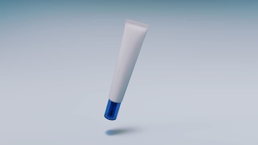 Cosmetic white plastic tube with a long nose and blue cap on isolated background. Skincare and cleansing cosmetics. Face or eye cream, packaging mock up. 3d rendering. Seamless loop.
