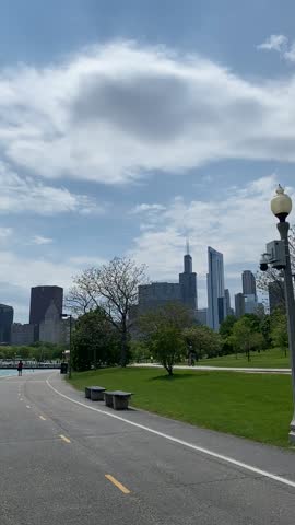 Grant Park in Chicago, United States with modern skyscrapers in the background