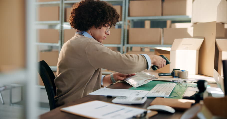 Barcode scan, stock and inventory with man and shipping check for logistics and delivery information. Package storage, technology and working with supply chain and product update on company website