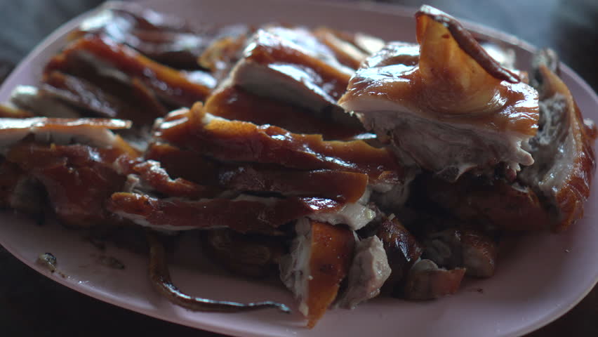 Whole piglet roast suckling pig Chinese food pork menu serve 4k