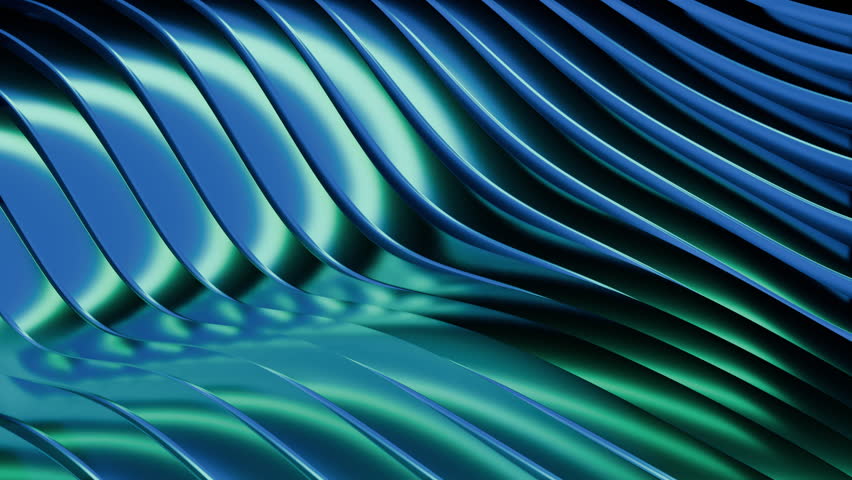 3d Abstract geometric stripe wavy blue green background, chrome material