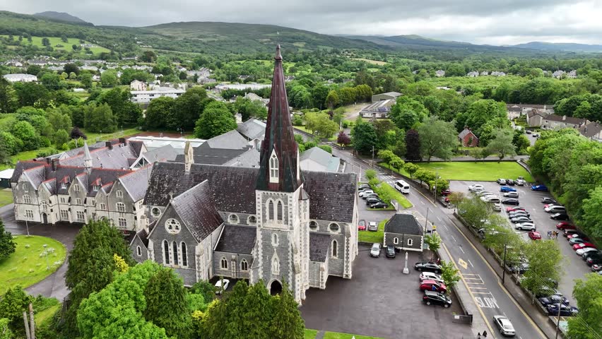 Aerial view of Holy Cross Catholic Church in Kenmare, Ireland