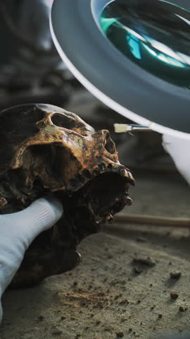 Male scientist works with fossil remains in archaeological laboratory. Paleoanthropologist or archaeologist in gloves cleans extinct ancient human skull using brush, examines it under magnifying lamp.