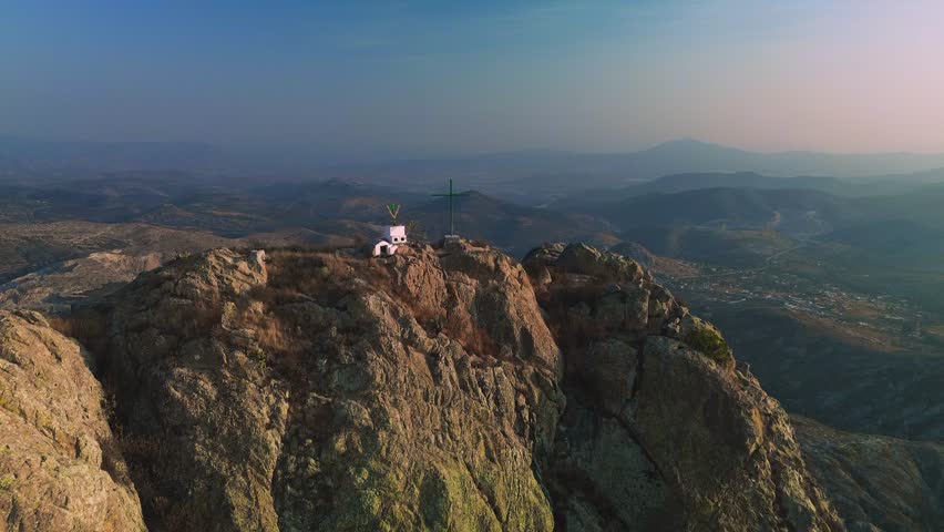 Bernal Rock Mountain in Queretaro, famous place in Mexico for rappelling, natural background, aerial shot