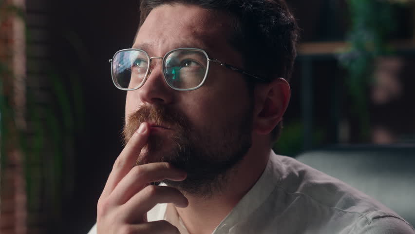 Thoughtful Caucasian man adult male middle-aged corporate boss employer agent ponder lost in thought in office pensive guy thinking about business solution confused businessman trader dreaming wonder