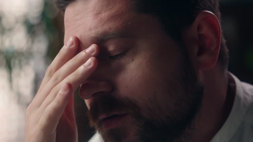 Close up upset Caucasian male businessman man guy thinking in office worker boss holding head headache pain worried corporate leader feeling anxious frustrated business bankruptcy money loss company