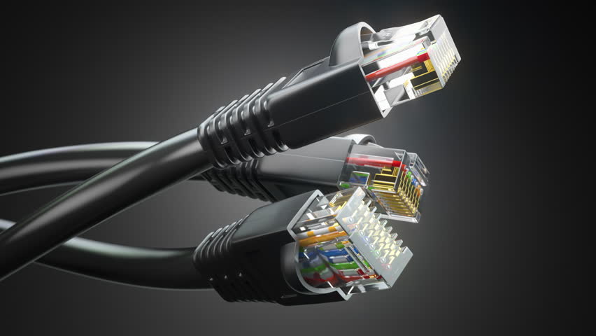 Internet network connectors rj45 and ethernet cables on black background. 3d animation. 3D Illustration