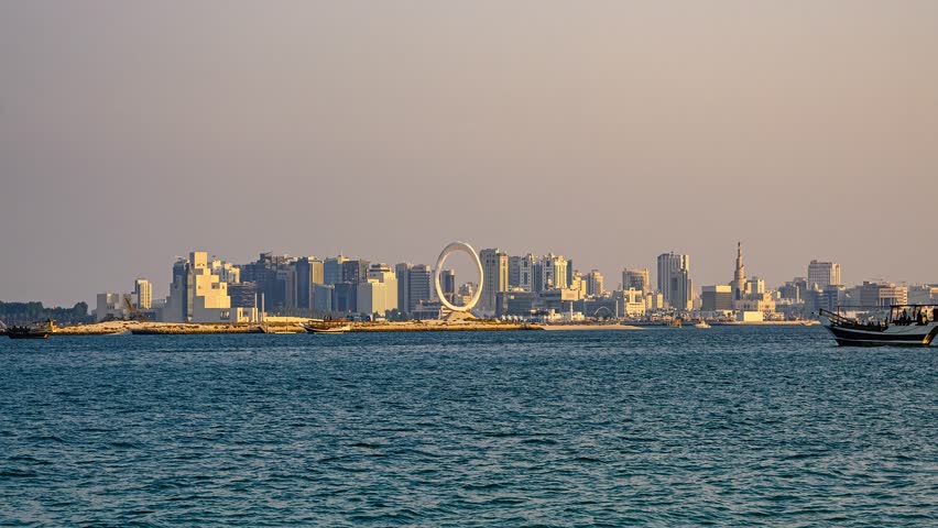 Qatar Doha city cornice area Seaside time lapse, tour boats passing by