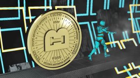 A humanoid robot runs away from a rolling Bitcoin coin in a vibrant futuristic scene. Abstract geometric lines, neon lights, and spinning cubes create a dynamic cyberpunk atmosphere. - Powered by Shutterstock - Get 15% off with code: PIKWIZARD15