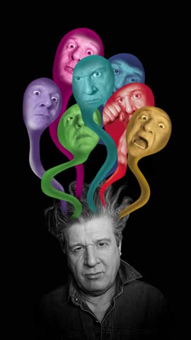 Man with his faces. Art collage about different emotions - inner demons concept