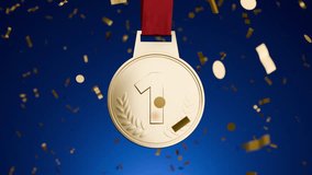 Gold medal and confetti, number one laurel wreath and red color ribbon isolated on white background, Champion first place winner athlete. Prize in sport trophy award - Powered by Shutterstock - Get 15% off with code: PIKWIZARD15
