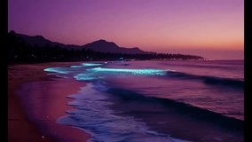 Enchanting tropical twilight: bioluminescent waves and swaying palms under a starry purple-orange sky – A cinematic, atmospheric escape - Powered by Shutterstock - Get 15% off with code: PIKWIZARD15