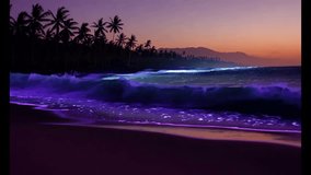 Enchanting tropical twilight: bioluminescent waves and swaying palms under a starry purple-orange sky – A cinematic, atmospheric escape - Powered by Shutterstock - Get 15% off with code: PIKWIZARD15