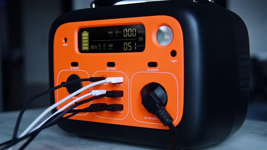 Close-up of hand disconnects cables from charging station on a table indoors, concept of backup energy. Slow Motion Effect.