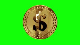 Dollar USD USA currency isolated gold coin on green screen loopable background. Rotating golden metal looping abstract concept. 3D loop seamless animation. - Powered by Shutterstock - Get 15% off with code: PIKWIZARD15