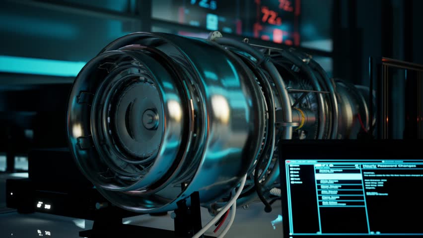 Generated Engineering Turbine In Lab. Aircraft Engine Animation